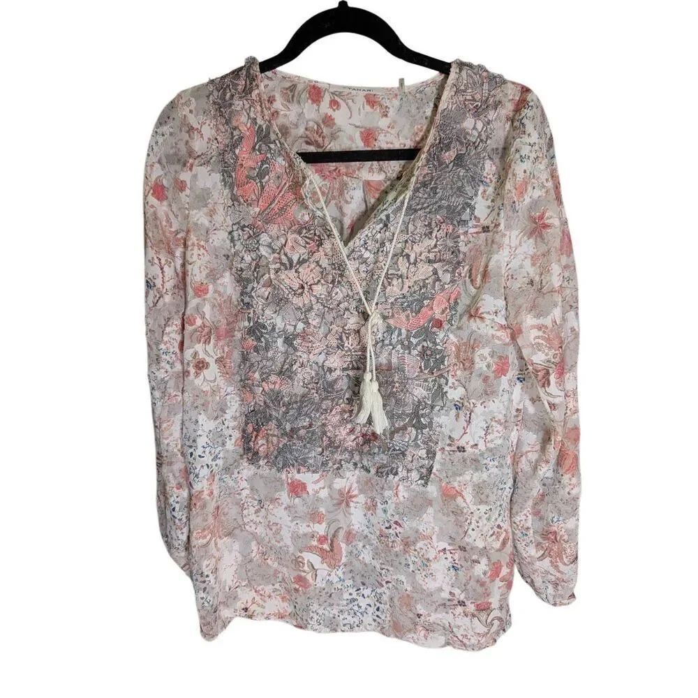 T Tahari  Cierra Floral Lace Bibb Blouse Split Neck Tassel Tie Top Pink Women's